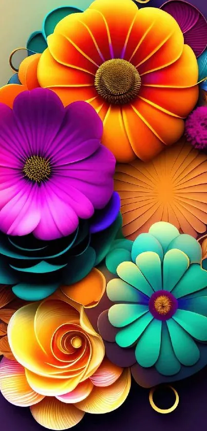 Vibrant floral wallpaper with colorful blooms and intricate design.