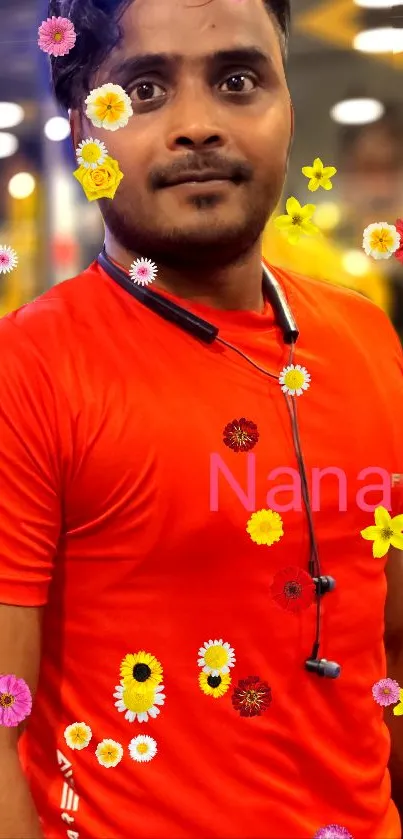 Male athlete in red with floral overlay at gym.