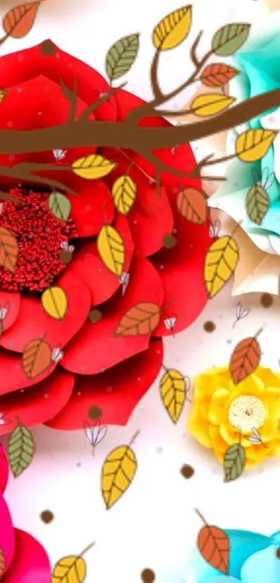 Vibrant red and yellow floral design with autumn leaves.