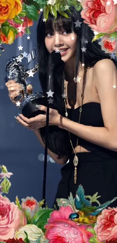 Woman holding award with floral frame.