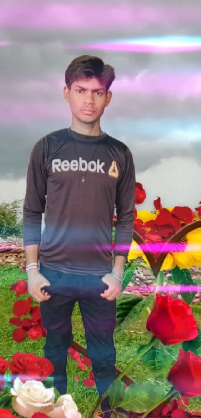 Person standing amid colorful roses with a green field and cloudy sky.