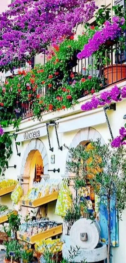 Colorful balcony with vibrant purple flowers and lush greenery.