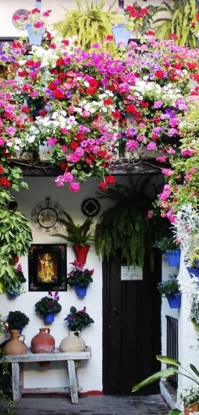 Mobile wallpaper with colorful floral balcony and green plants.