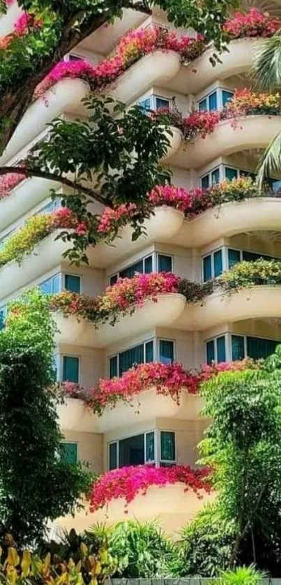 Floral balconies with lush greenery on a sunny day.