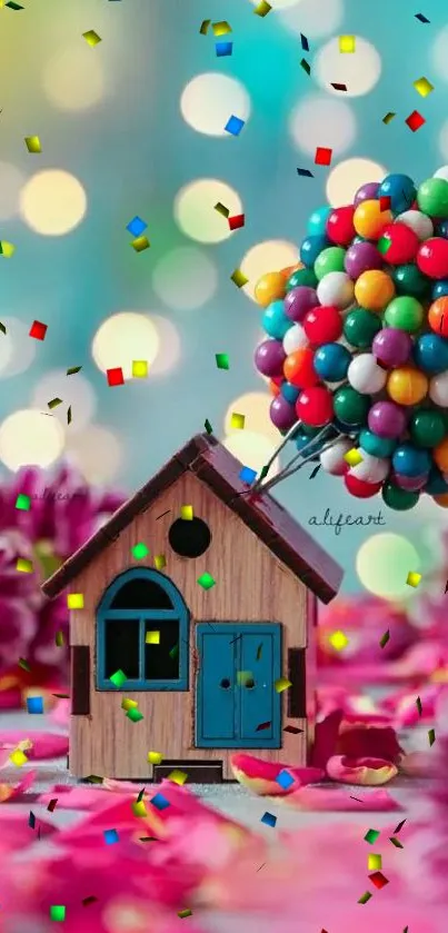 Mini house with balloons among vibrant flowers.