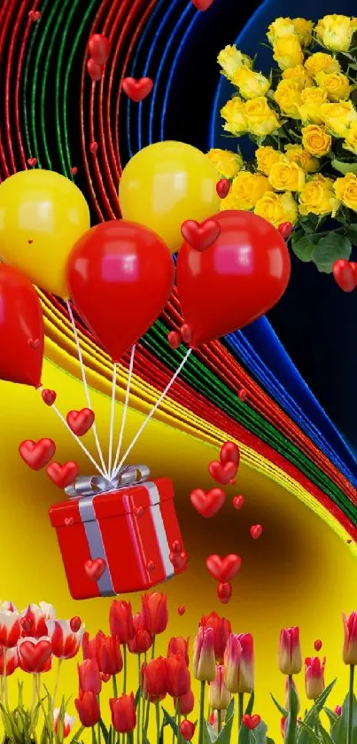 Vibrant mobile wallpaper with balloons, yellow roses, and tulips.