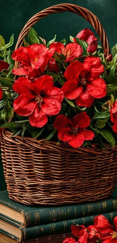 Red flowers in a woven basket atop vintage books.