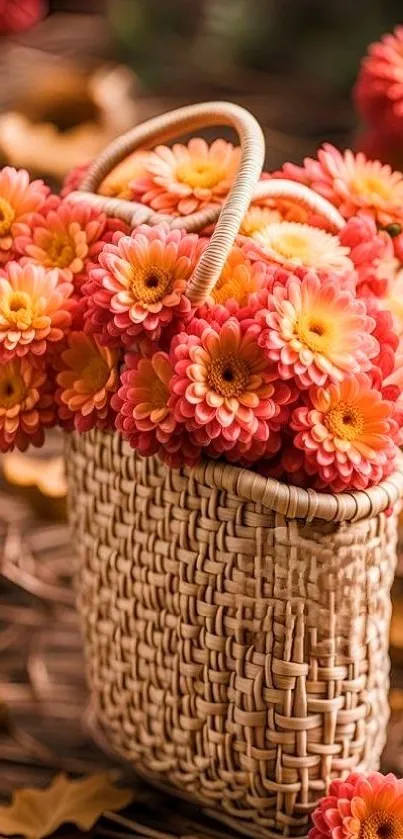 Basket of vibrant orange flowers on wooden background.