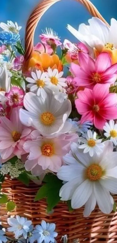 Basket of vibrant flowers against a blue sky.