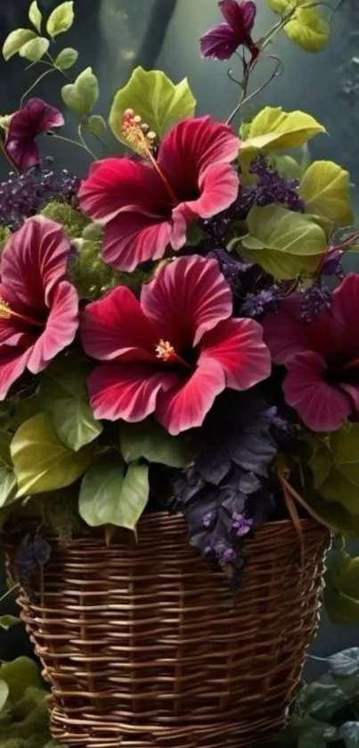 Vibrant floral basket with red hibiscus and green leaves.