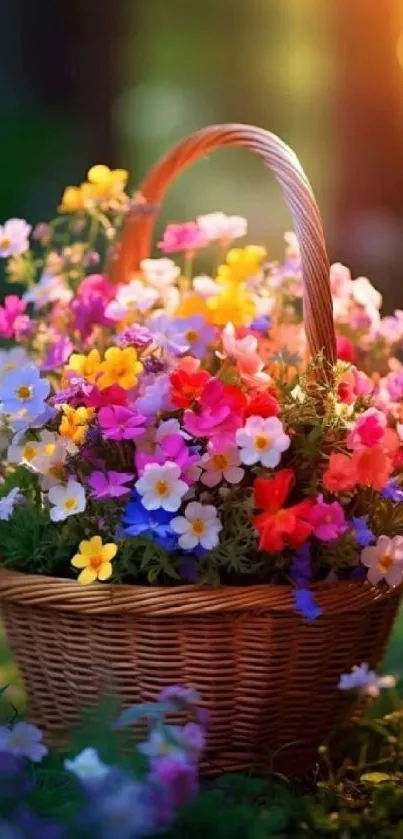 Basket of colorful flowers in sunlight, vibrant and lively.