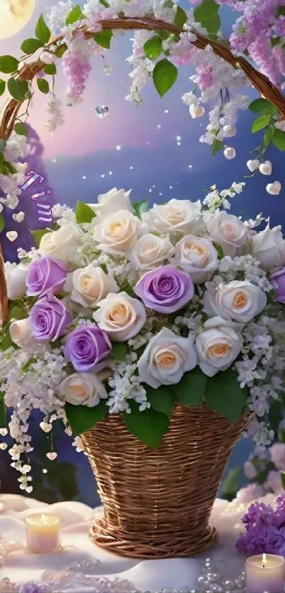 Elegant wallpaper featuring a floral basket with roses and candles.