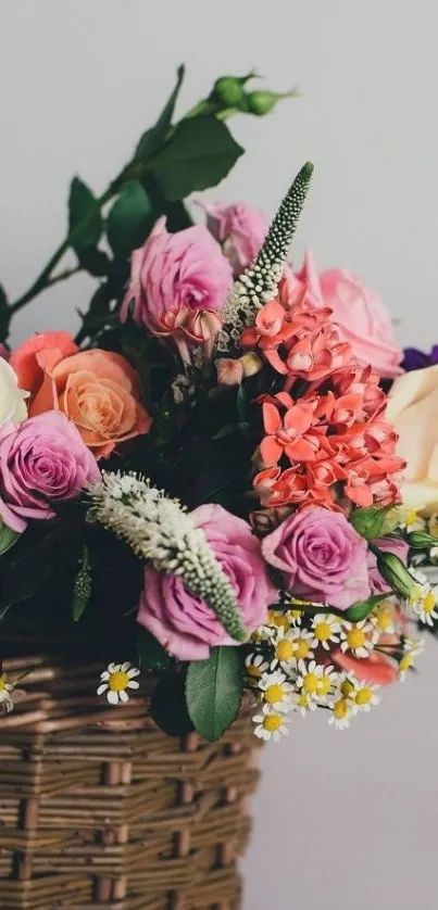 Vibrant floral basket with multicolored roses.