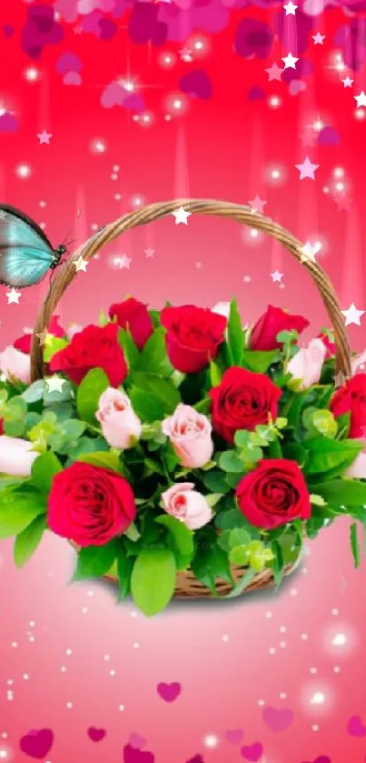 Beautiful floral basket with roses and a butterfly on a pink heart background.