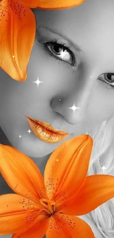 Elegant black and white portrait with vibrant orange lilies accent.