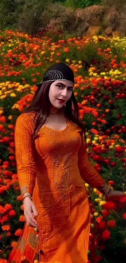 Woman in orange dress in a vibrant flower field.