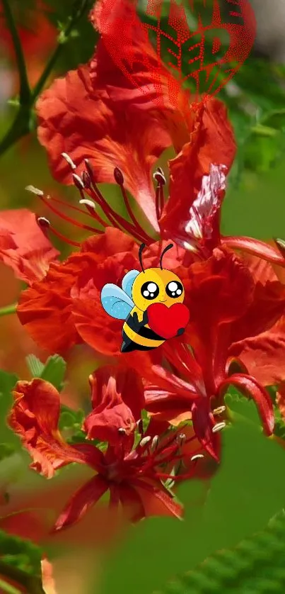 Cartoon bee holding heart among red flowers and green leaves.