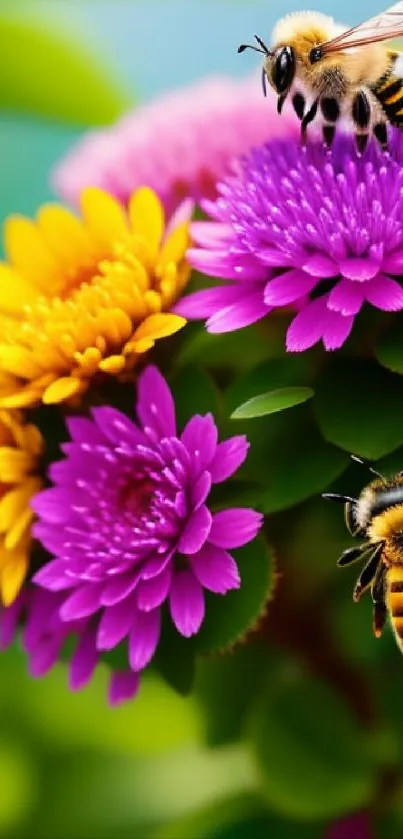 Bees buzzing around vibrant pink and yellow flowers.