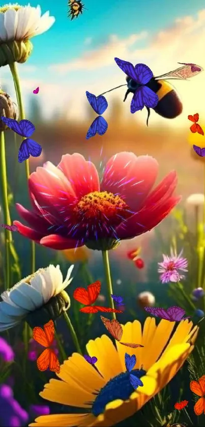 Vibrant wallpaper of colorful flowers and buzzing bees in sunlight.