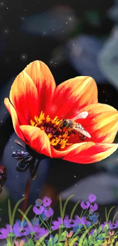 Vibrant orange flower with a bee, set against a starlit sky.