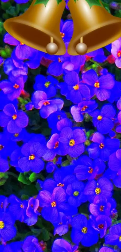 Purple floral wallpaper with festive bells.