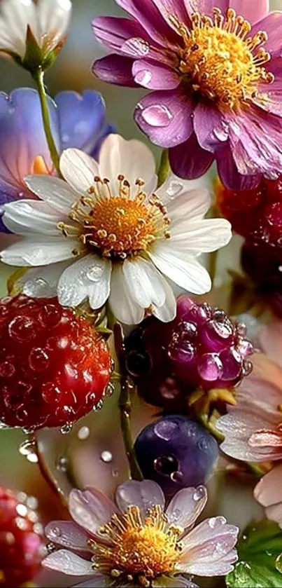Colorful flowers and berries with dewdrops.
