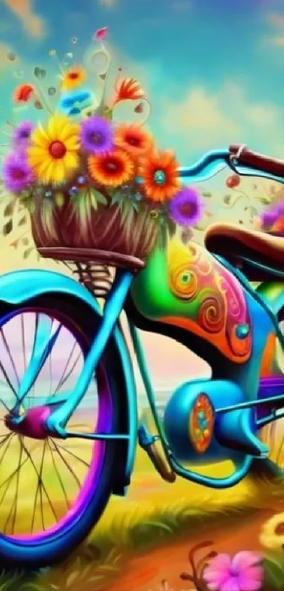 Colorful bicycle with flowers in dreamy landscape art.