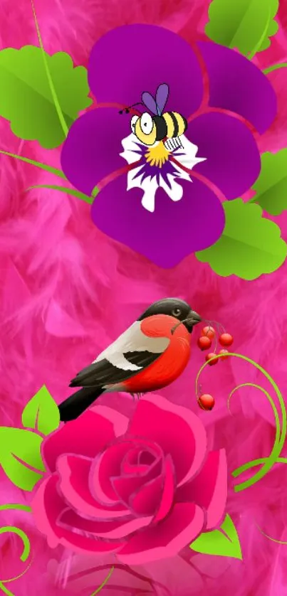 Vibrant pink wallpaper with flowers, bee, and bird.