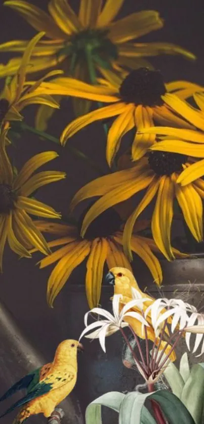 Mobile wallpaper with yellow daisies and birds in a vintage watering can.