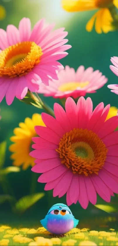 Colorful daisies and a cute bird in sunlight on a nature-themed wallpaper.