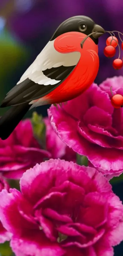 Illustrated bird on pink flowers wallpaper.