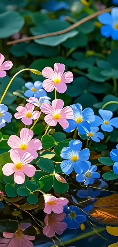 Pink and blue flowers with lush green leaves.