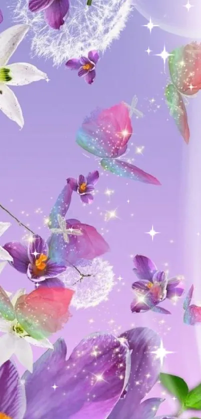 A vibrant mobile wallpaper featuring flowers and butterflies on a lavender background.