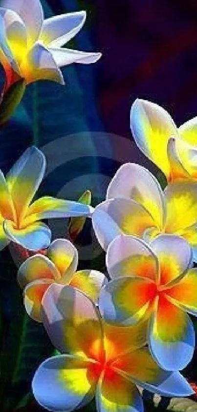 Vibrant tropical flowers with yellow and white petals on a mobile wallpaper background.