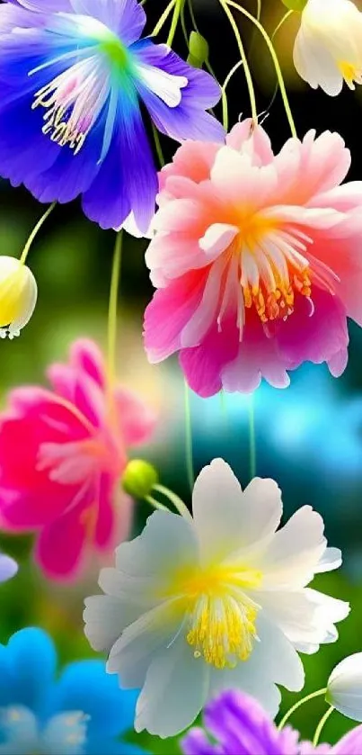 Vibrant mobile wallpaper with colorful floral blooms and a blurred garden background.