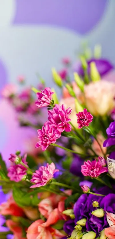 Vibrant wallpaper with purple and pink flowers in a dreamy scene.