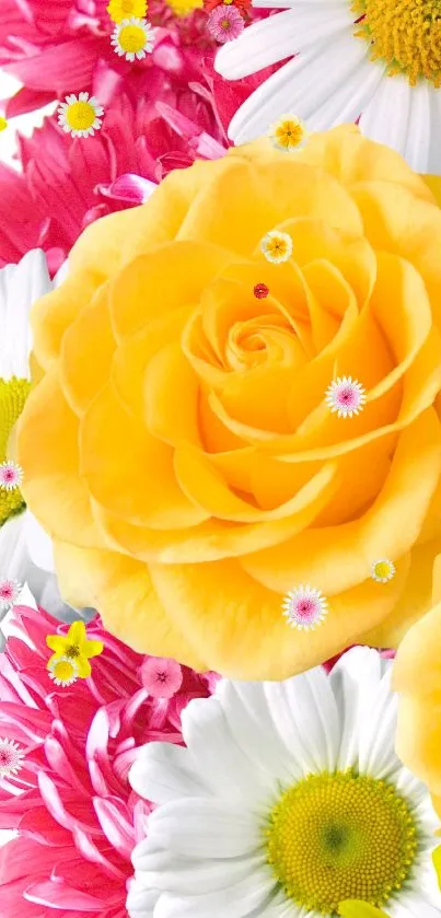 Vibrant yellow roses with white daisies and pink chrysanthemums on a wallpaper.