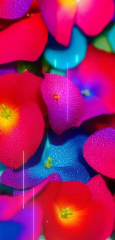 Vibrant pink, red, and blue floral blooms create a lively mobile wallpaper background.