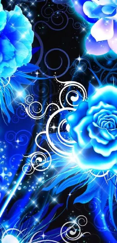 Blue floral wallpaper with glowing flowers.