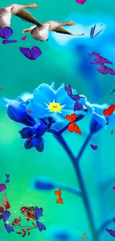 A vibrant blue floral wallpaper with butterfly perched.