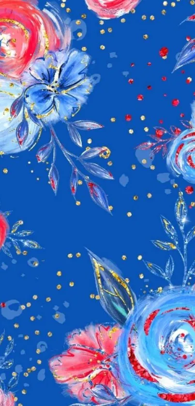 Hand-painted floral design on blue background wallpaper.