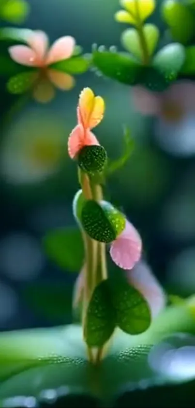 Close-up of vibrant flowers with green leaves and soft bokeh background.