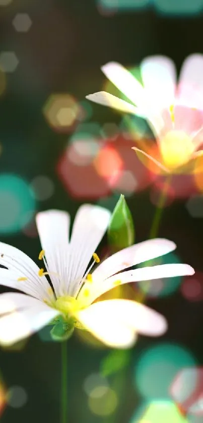 White flowers with colorful bokeh background wallpaper.