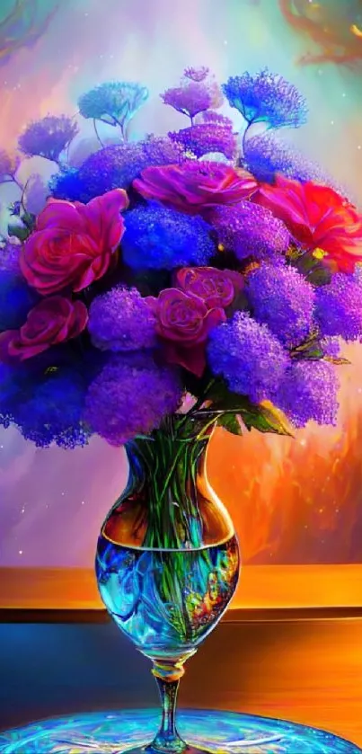 Vibrant floral bouquet in artistic glass vase with colorful background.