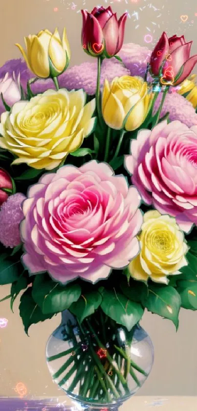 Vibrant bouquet of roses in a glass vase with pink, yellow, and red hues.