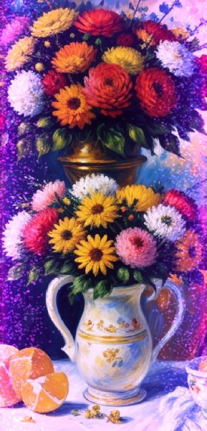 Vibrant floral art in a beautiful vase with colorful flowers and fruits.