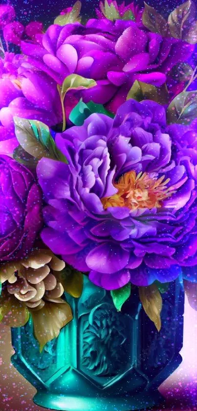 Vibrant purple floral bouquet in a decorative vase on wallpaper.