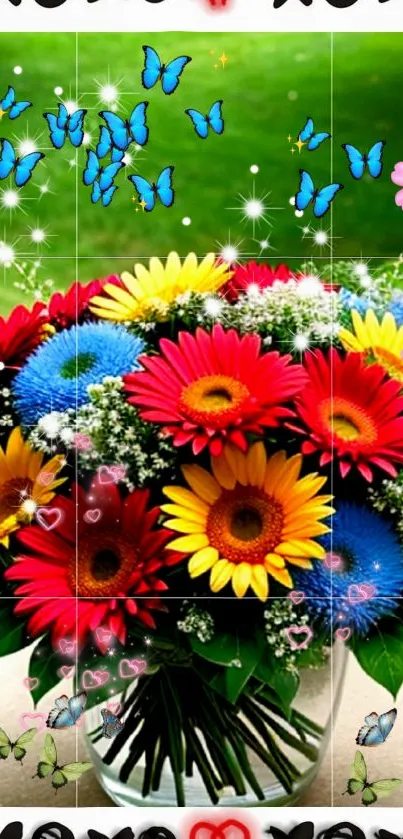Vibrant floral bouquet with butterflies and emojis on green background.