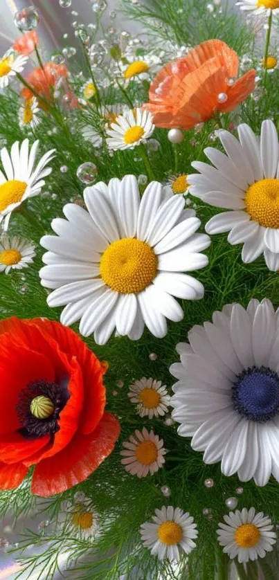 Vibrant bouquet of daisies and poppies wallpaper.
