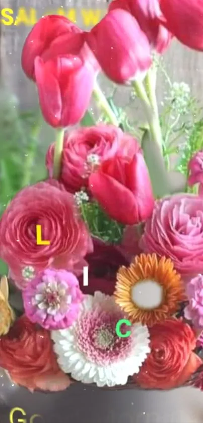 Vibrant bouquet of red, pink, and orange flowers against a soft background.